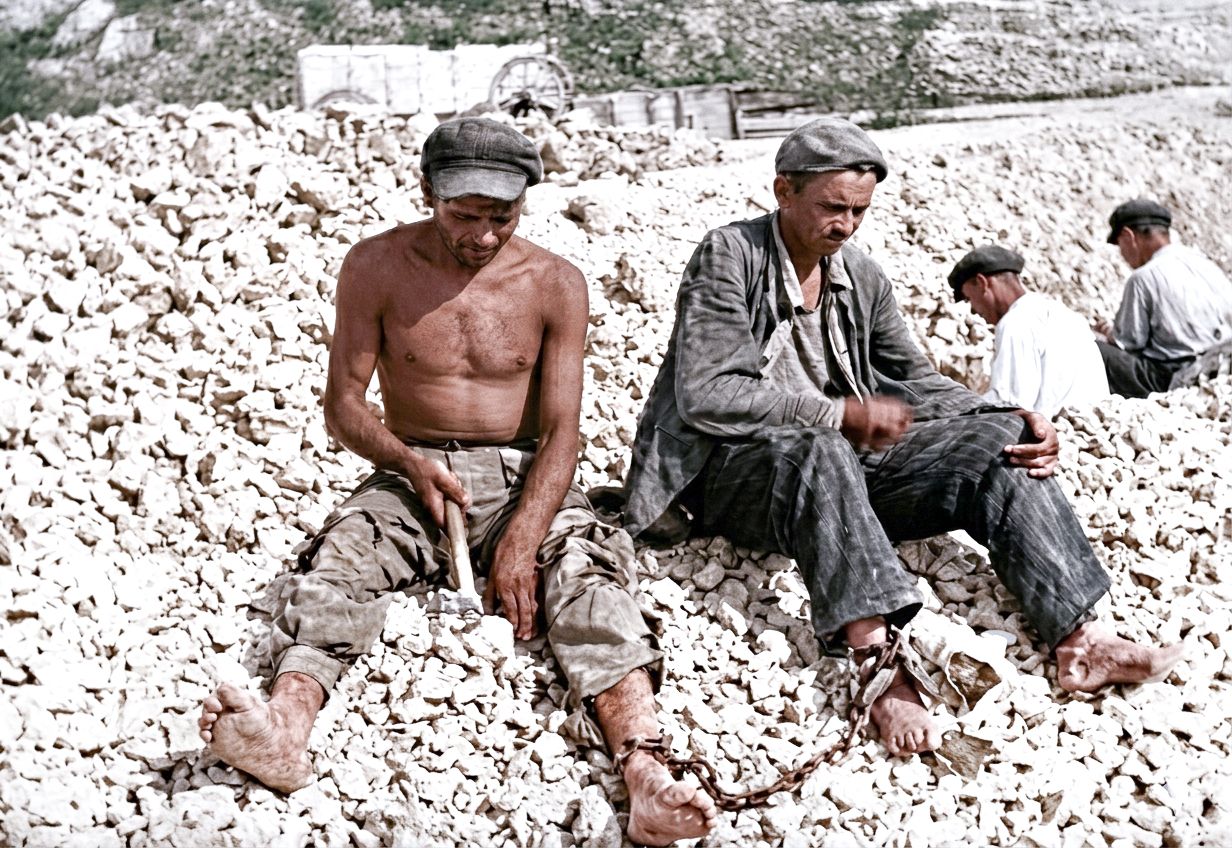 Prisoners working in a quarry.
