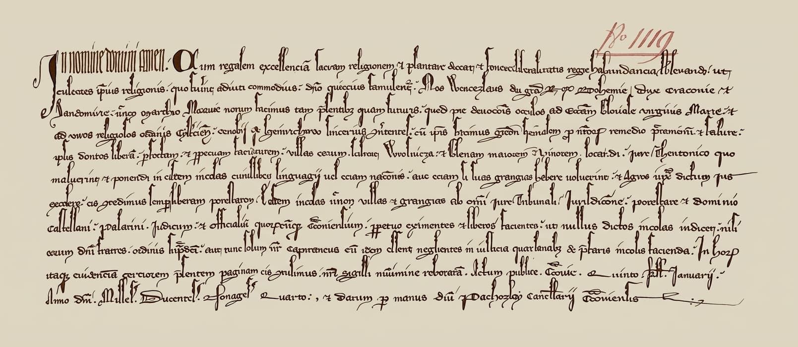 Document no. 1119 from the Mogiła archive, graphically processed by 100KRK, concerning the grant of the privilege to establish Wróżenice under German law to the Cistercians of Mogiła by Wenceslaus II.