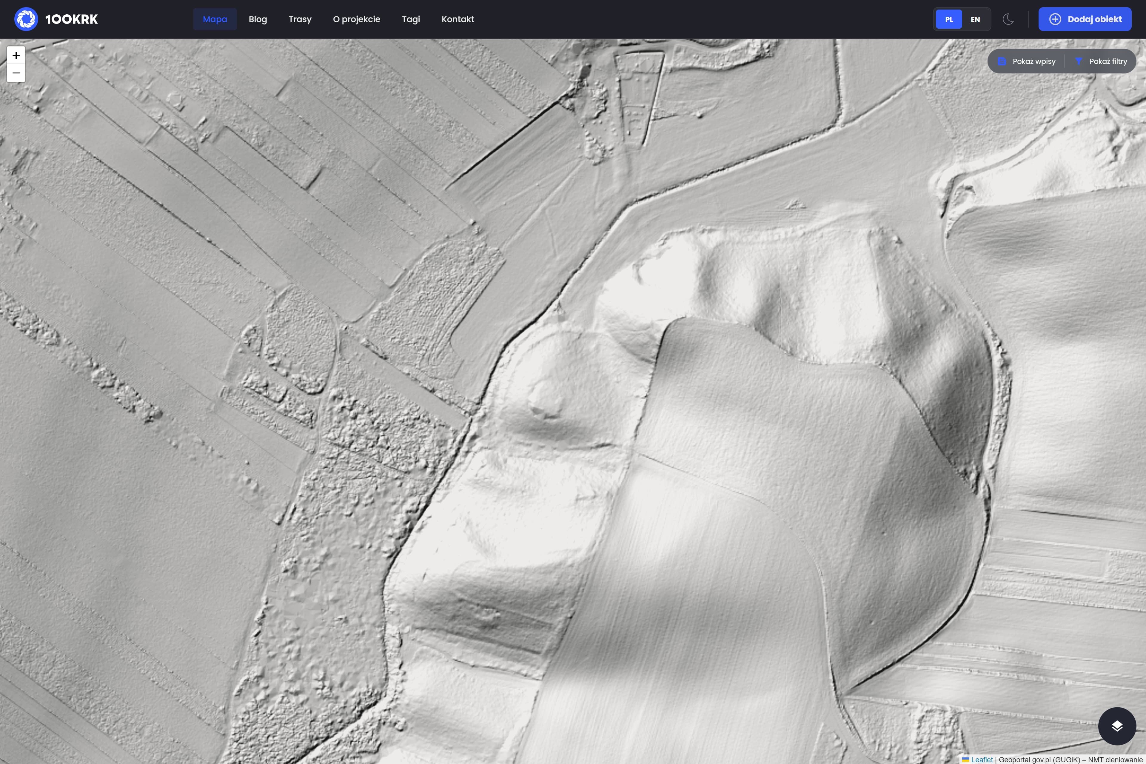 Widok z danych LiDAR ukazujący nieodnotowane, potencjalne założenie obronne w granicach Krakowa.